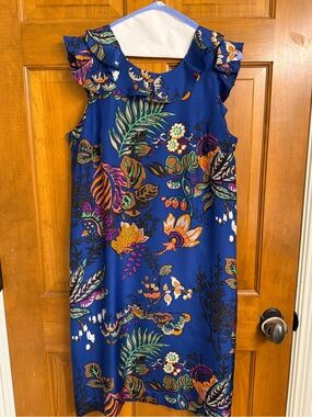 J. Crew Royal Blue Floral Ruffle-Trim Dress